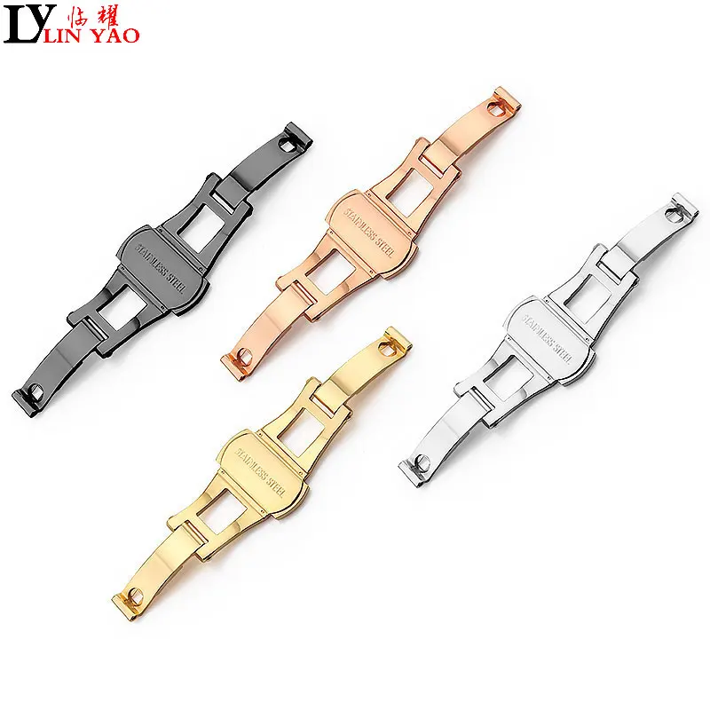 New Stainless Steel Belt Buckle Double Push Button Watchband Folding Butterfly Deployment Watch Bands Strap Clasp 3