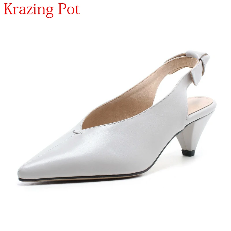 

2018 Fashion Genuine Leather Slip on Summer Shoes Med Heels Slingback Women Sandals Butterfly Knot Sweet Office Lady Shoes L16