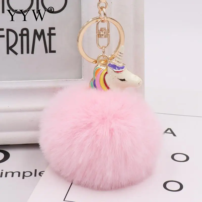 

Fashion Unicorn Pompom Keychain Colorful Fake Rabbit Fur Ball Fluffy Licorne Key Chain Horse Porte Clef Bag Car Keyring Keychain