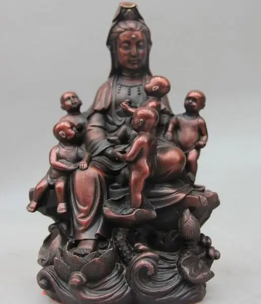 

Chinese Buddhism Red Bronze Lotus Boy SongZi Guanyin Kwan-yin Bodhisattva Statue