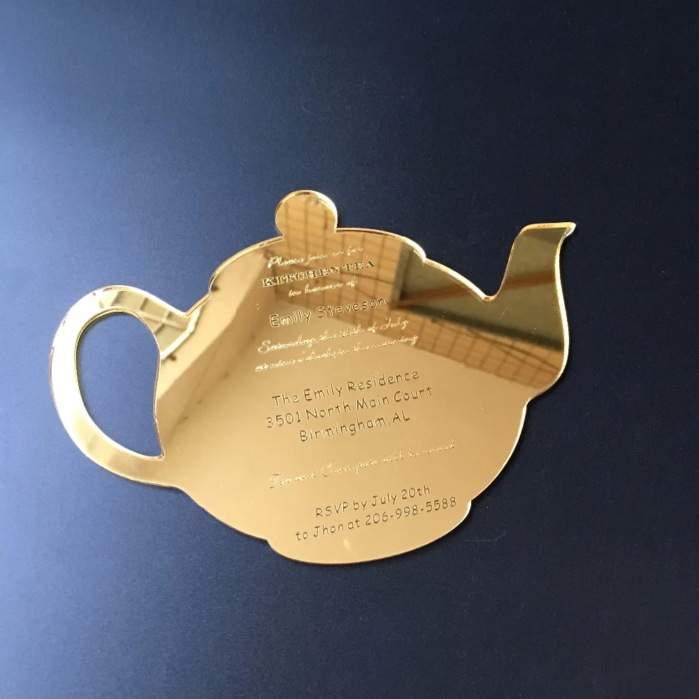  8Pieces Per Lot Funny Tea Pot Shape Wedding Kitchen Tea Golden Mirror Acrylic Invitation Cards SHIP - 32916545030