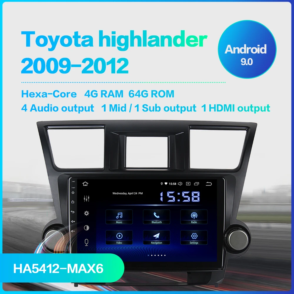 Clearance Dasaita 10.2" IPS 1 Din Car Radio Player Android 9.0 for Toyota Highlander 2009 2010 2011 2012 Navigation HDMI MP3 64GB ROM 1