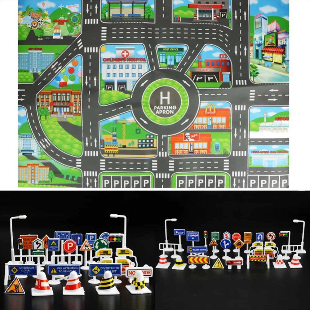 

83*58CM Kids Toys City Parking Lot Roadmap Map DIY 28 Pcs Road Signs Car Model Climbing Mats Toys English Version Gift for Child
