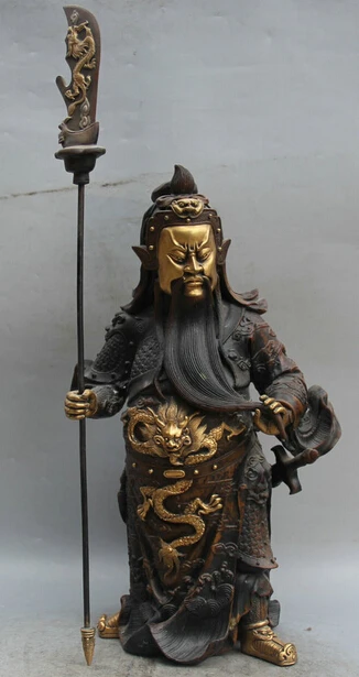 

JP S0524 17" Chinese Bronze Gild Stand Guan Gong Yu Warrior God knife sword knight Statue B0403