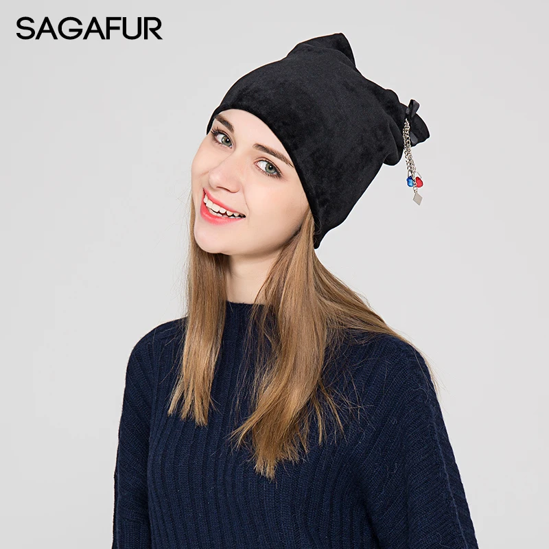 Rhinestone Autumn Winter Knitted Beanies Skullies Women Outdoor Slouchy Bonnet Casual Cat Ear Velvet Hat Caps