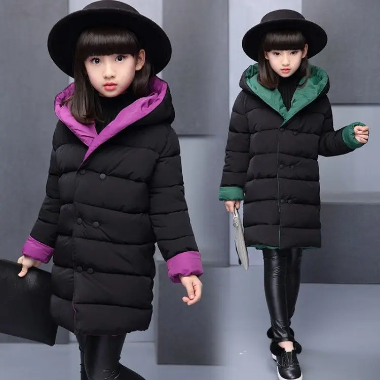 INS hot girls winter coat 3-11 years old hooded reversible parka thick cotton coat Long warm windbreaker Contrast coat