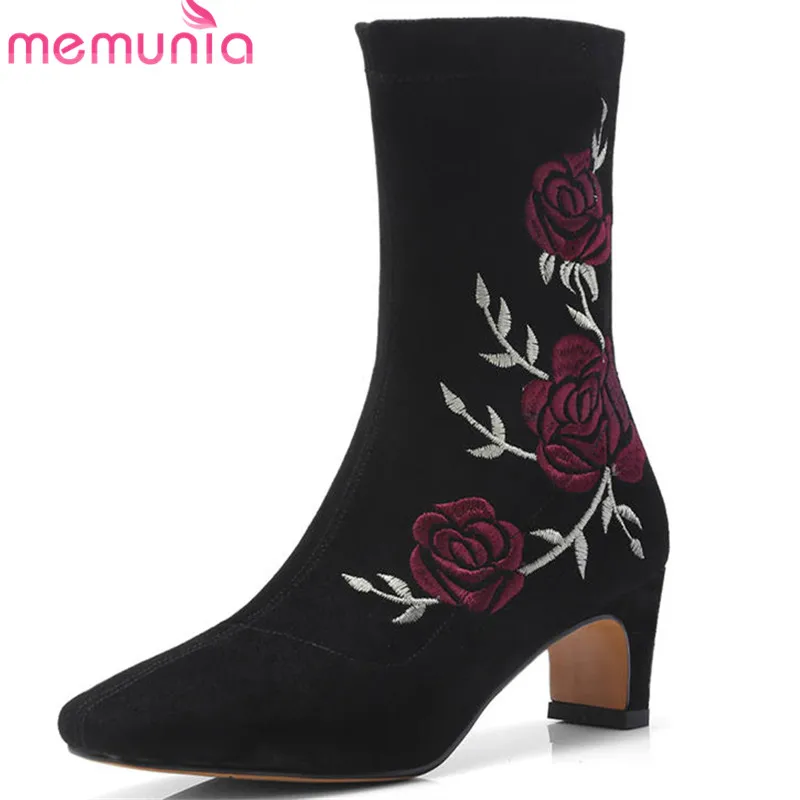 

MEMUNIA 2020 top quality suede leather ankle boots for women square toe autumn winter boots embroider fashion dress shoes