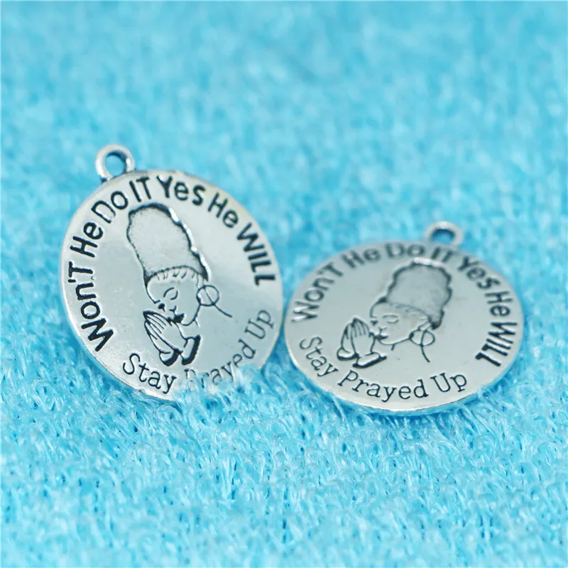

HOT SALE High Quality 10 Pieces/Lot Diameter 22mm tibetan Silver Plated letter printed Stay prayed up Charms Pendants