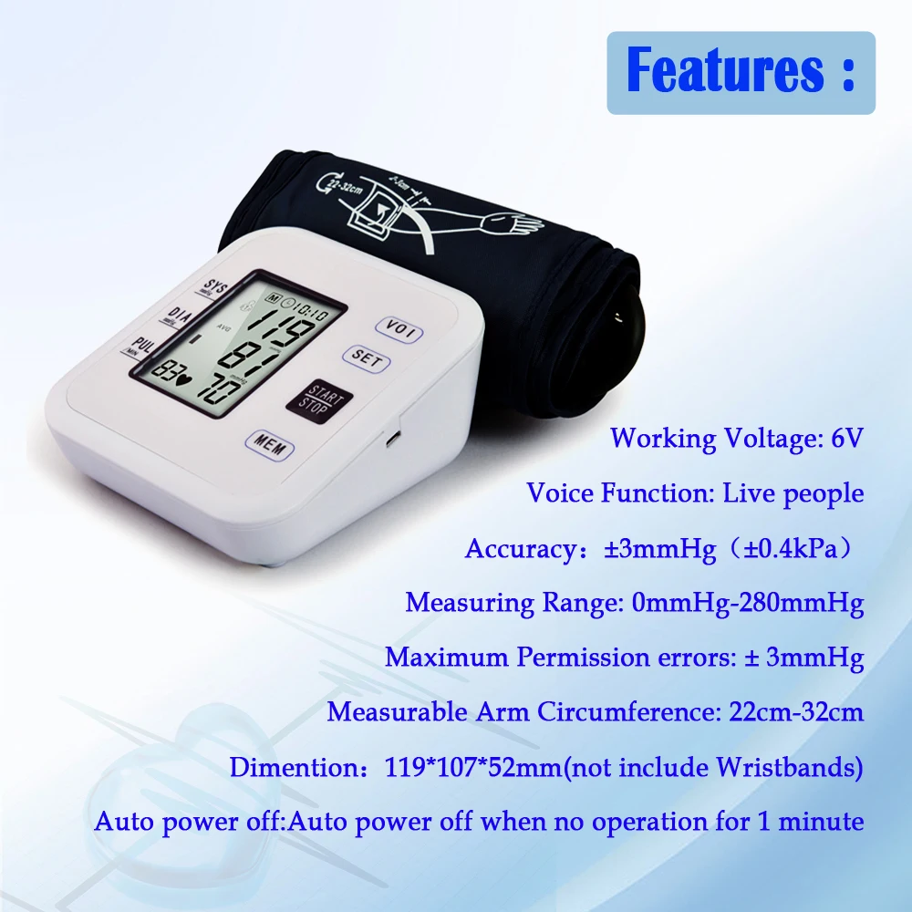 Живой голос Автоматический монитор артериального давления на руку ЖК-цифровой экран 90 измерений для 2 пользователей
