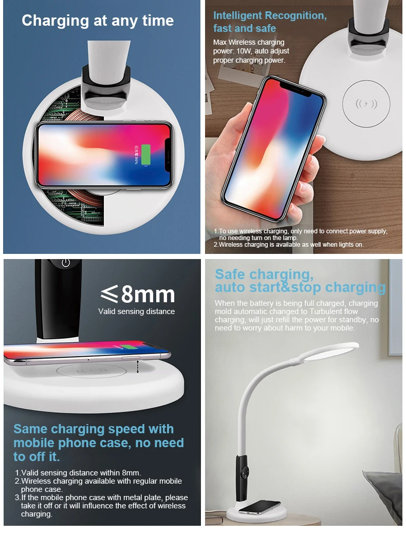Modern Decrease blue light RA92 Eye Caring CCT Brightness Dimmable Swing Arm Desk Lamp LED Table Lamp With Wireless Charger