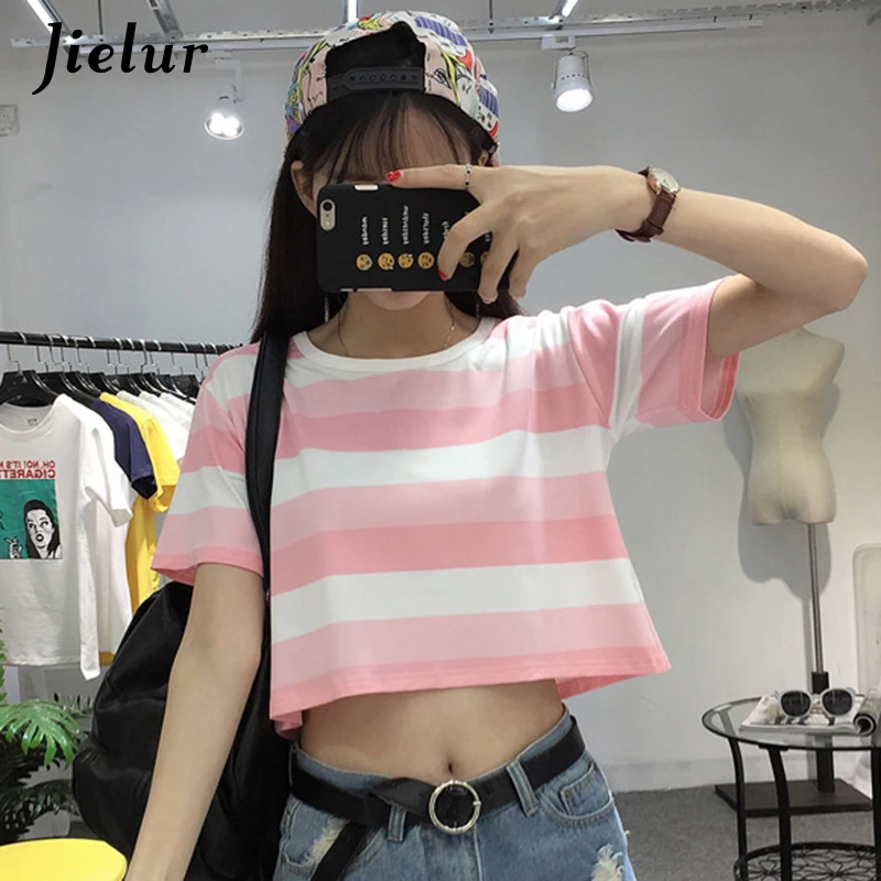 Jielur Summer Crop Top Short Sleeve Streetwear Fashion Pink Striped T Shirt Women O-neck S-XL Sexy Sweet Kpop 2019 T-shirt Femme
