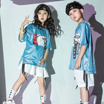 

Blue Sequin Kids Dance Costumes Hip Hop Clothing Suit For Boys Girls Jazz Dance Performance Street Kids Stage Costume BL1273