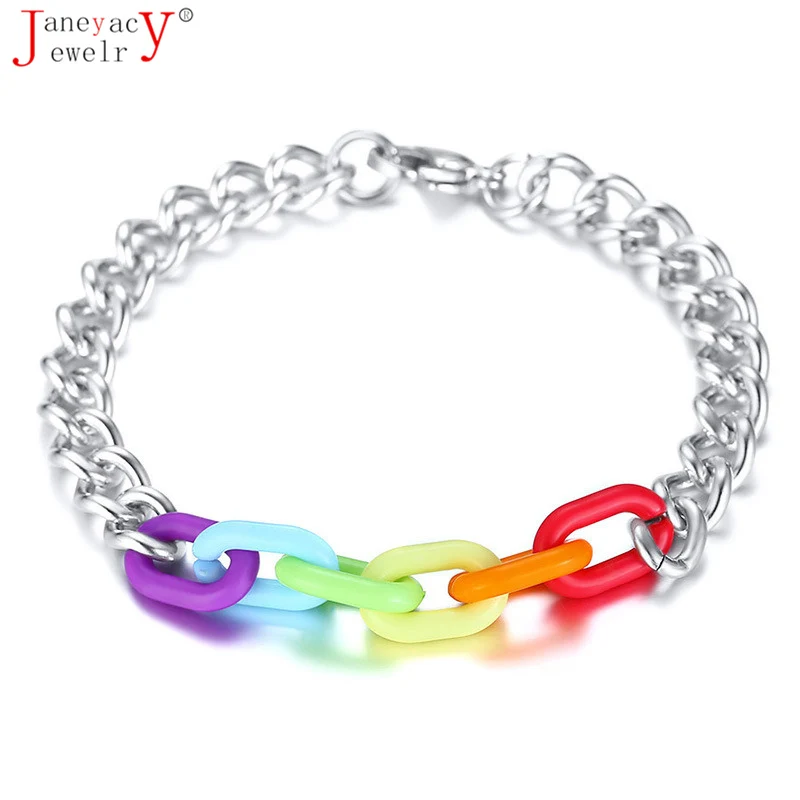 

Fashion Simple Men Women Lobster Buckle Stainless Steel Gay Bracelet Acrylic Rainbow Ladies Bracelet Men Jewelry Gift Pulseira