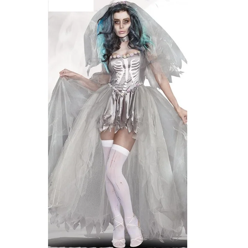 Couples's Ghost Lace Наплечные рукава Ghostly невесты страшный костюм Хэллоуин вечерние взрослые мужчины женщины платье Doom Костюм призрак невесты на Хеллоуин - Цвет: women 2