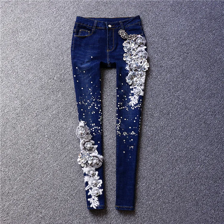 Модные женские джинсовые брюки-карандаш размера плюс, расшитые блестками, с цветочным принтом, Новое поступление