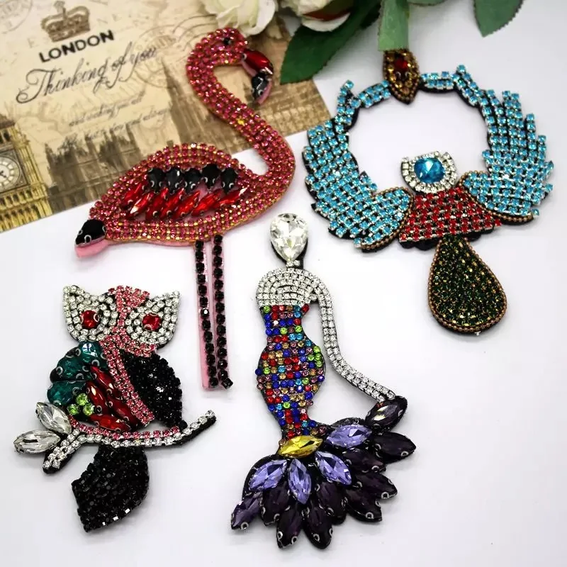 

Handmade Rhinestone beaded Patches Mermaid Flamingo owl Sew on beaded pearl patch for clothing beading Applique cute patch