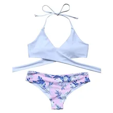 Sexy Bikini Thong Bikini Blue Set Bikini Brazilian Swimwear Print Tie Push Up Swim Suit Swimsuit Bathing Suit Women Swimwear jungle print self tie bikini set