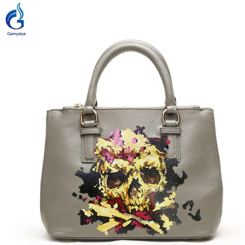 

Gamystye New design Graffiti hand paint terror Skull crossbones bag Women Bags Genuine leather Handbags Women handbag customize