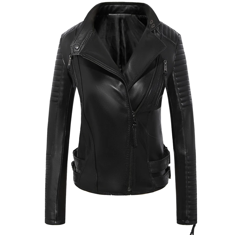 Новые модные женские гладкие мотоциклетные кожаные куртки из овечьей кожи женские с длинным рукавом Chaqueta байкерские уличные черные пальто - Цвет: Black -Sheep skin
