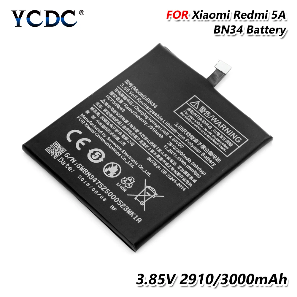 YCDC телефон для Xiaomi Redmi 5A 3,85 V 3000mAh Мобильный сменный аккумулятор BN34 BN 34 BN-34