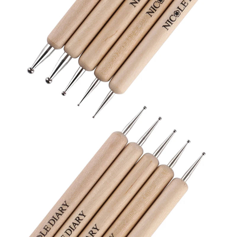 

NICOLE DIARY 5Pcs Wooden Handle Dotting Pen Set Dual-ended 2 Way DIY Nail Art Dotting Tools Kit