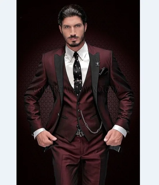 

Developed Quality Black Peak Black Lapel Burgundy Men Suits Fashion Men Wedding/Party Tuxedos Blazer (Jacket+Pants+Vest+Tie)