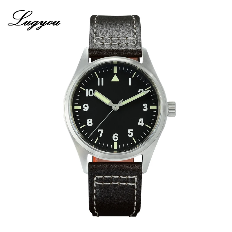 

LUGYOU San Martin Pilot Watch for Men Automatic Watch Stainless Steel 20Bar NH35 Leather Strap C3 Green Luminous 39mm