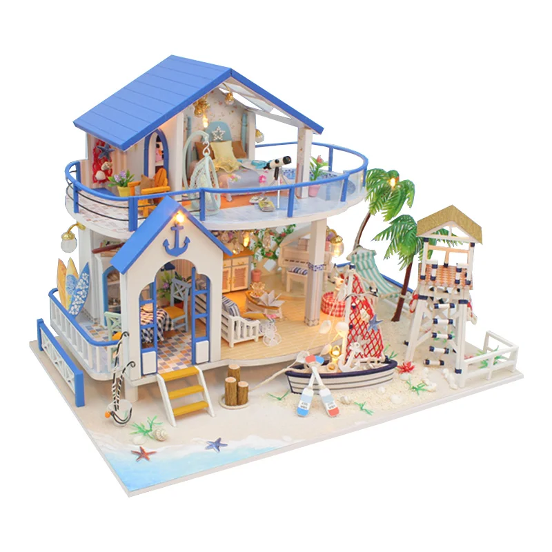 DIY светодиодный кукольный домик морская миниатюрная вилла с мебели деревянный дом комната Модель комплект подарки игрушки для детей Дети Кукольный дом игрушки - Цвет: NO Dust cover