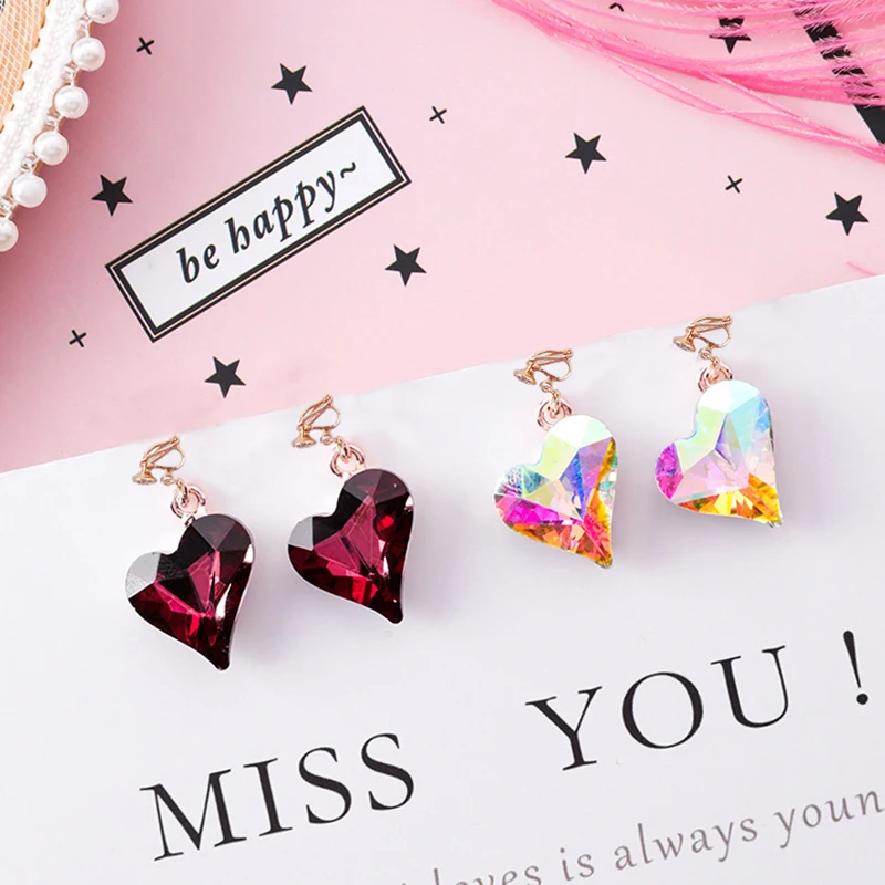 

JIOFREE High-grade Rhinestone Crystal Heart Clip on Earrings Non Piercing for Women Wedding Luxury No Hole Earrings New