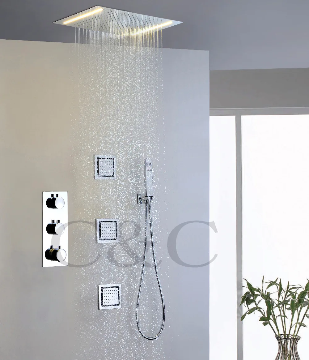 

Thermostatic Bathroom Rainfall Shower Set 100V~240V Alternating Current LED Yellow Lamps Rainfall Shower Head