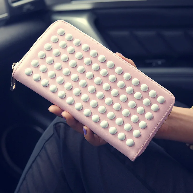 

Free Shipping New 2017 Black Pink Green with White Rivets PU Girls Long Wallets Women Pures Fashion Wallet LD078