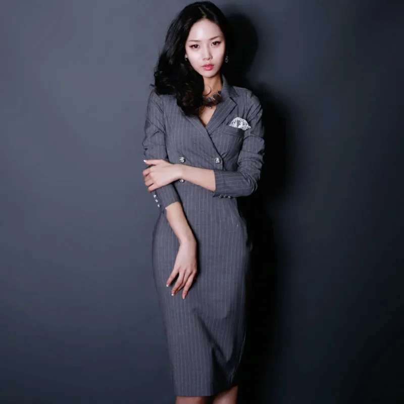 

2019 Autumn Striped Full Sleeve Notched High Waist Women OL Office Cloth Knee-Length Bodycon Pencil Work Dress