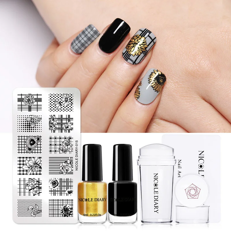 

NICOLE DIARY Nail Stamping Plates Polish Set Geometry Nail Stamping Plate with Clear Jelly Stamper Stamping Polishes Kit
