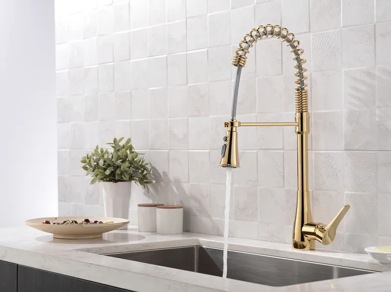 

Free Ship Pull Out /Down Sprayer Kitchen Bar Sink Tall Faucet Mixer tap single hole deck mounted Gold pvd color