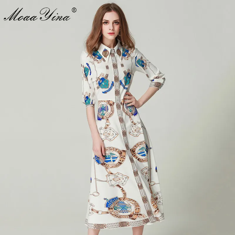 

MoaaYina Fashion Designer Runway Dress Spring Women's Dress Half sleeve Beading Vintage Print Slim Elegant Dresses Vestidos