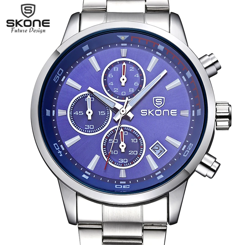 

SKONE Stainless Steel Chronograph 6 Hands Fashion Clock Mens Watches Top Brand Luxury Multifunction Watch relogio masculino