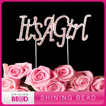 

20pcs/lot+It's a girl rhinestone cake topper light pink diamond cake topper for baby girl birthday