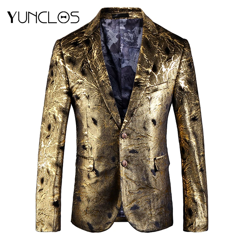 

YUNCLOS Gold Printed Men Blazer Slim Fit Wedding Suit Jackets For Men High Quality Cotton Blazer Jackets americana hombr