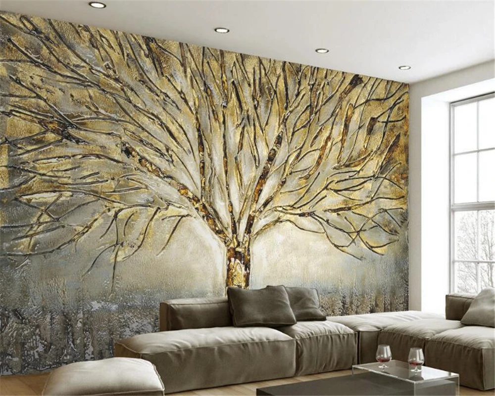 Beibehang 3D Wallpaper Fashion A Tree Modern American Metal Relief Oil Painting TV Background Wall wallpaper papel de parede
