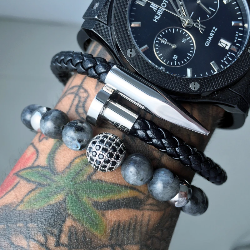Mcllroy Charms Bracelets 8mm Natural Stone Bracelets genuine black/brown Leather nail bracelet Men leather bangle 2018 jewelry