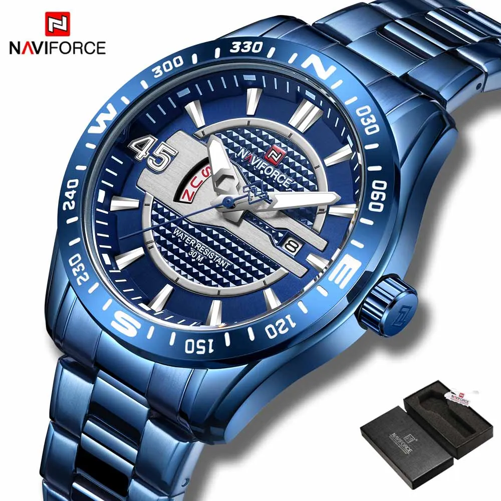 NAVIFORCE мужские часы Топ люксовый бренд мужские полностью стальные часы кварцевые часы Аналоговые водонепроницаемые спортивные армейские военные наручные часы - Цвет: blue and box