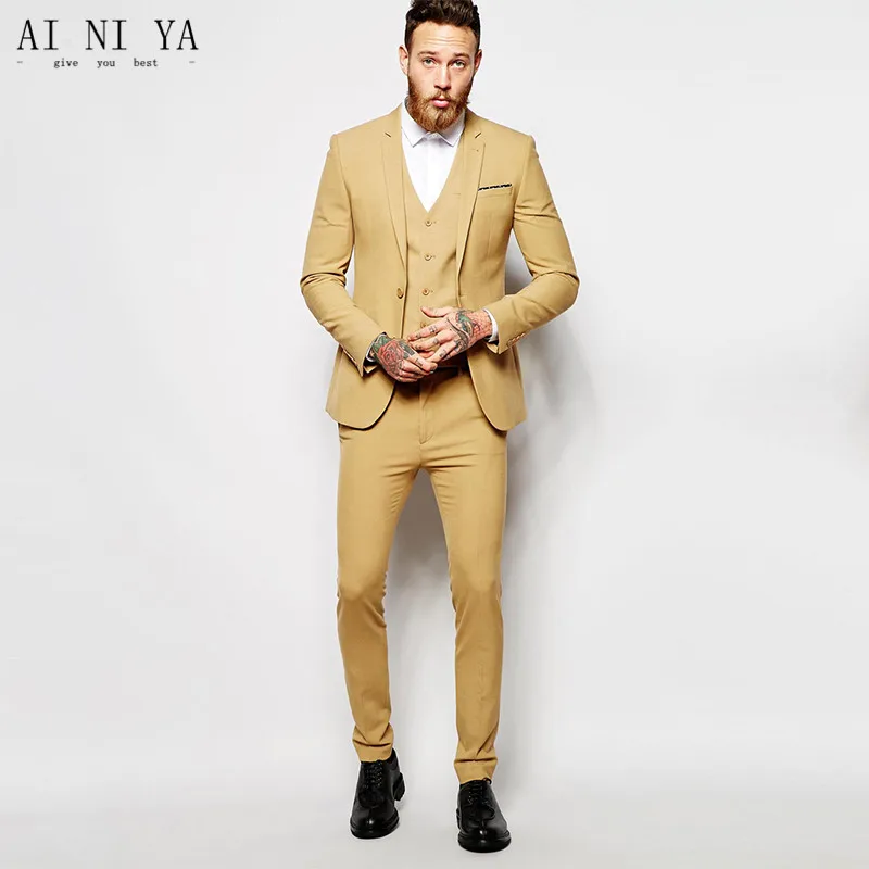 Golden Men Suit Slim Fit Tuxedos Custom Made New Fashion Formal Business Suit Men's suit custom size coat + pants + vest, tie Golden Men Suit Slim Fit Tuxedos Custom Made New Fashion Formal Business Suit Men's suit custom size coat + pants + vest, tie