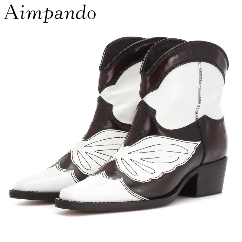 

Retro Carved Flower Mid Calf Boots For Women Square Heel Square Toe Mixed Color Patchwork Sewing Short Booties
