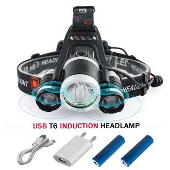 

Powerful infrared sensor switch USB charging headlight CREE XML T6 LED headlamp 3 mode 3800 lumens 18650 battery headlights