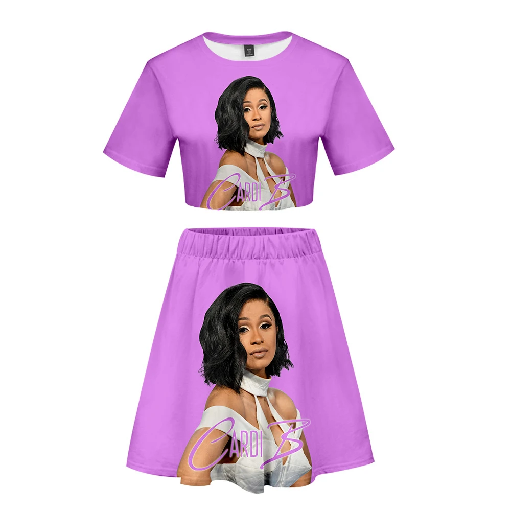 Cardi B 3D короткая юбка костюм Горячая футболка с коротким рукавом и короткая юбка костюм из двух предметов высокого качества повседневные новые комплекты