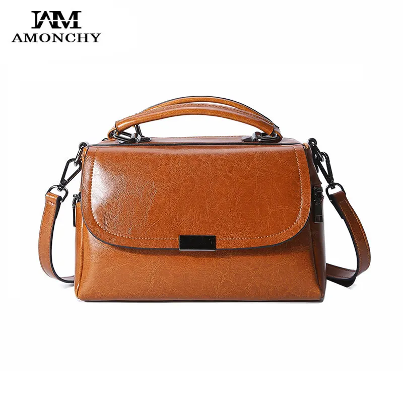 

AMONCHY Brand Genuine Leather Shoulder Bags 2017 New Women Handbags Vintage Oil Wax Cowhide Bag Leisure Lady Messenger Bag Sac