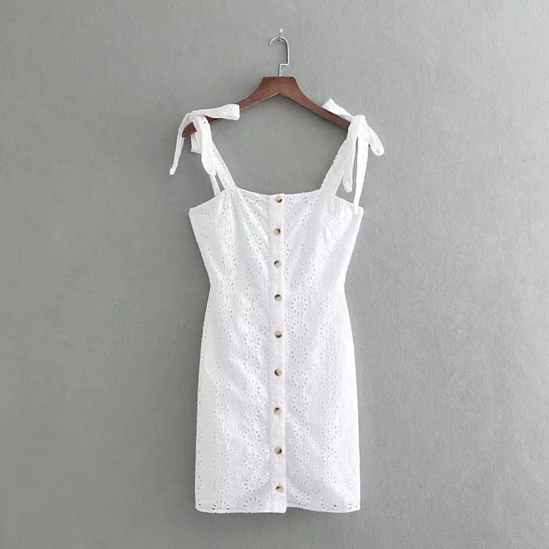 

Hollow Embroidery Women Sling Mini Dress Leisure Female Bow Decoration Side Slit Dresses Autumn Lady Slim Streetwear D3183