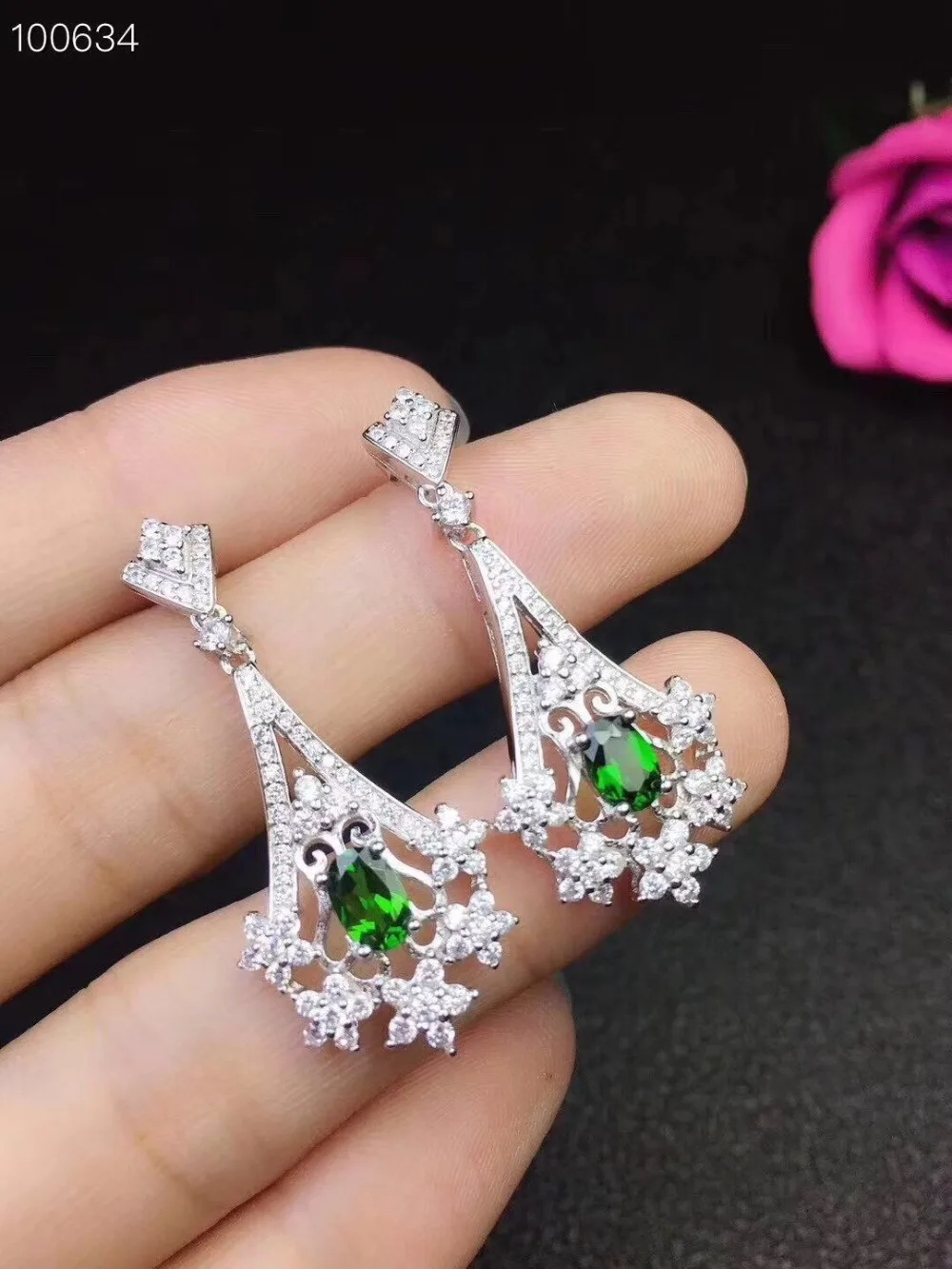 

Natural Gemstone 4*6mm Pear Shape Chrome Diopside Round White Zircon 925 Sterling Silver Earring