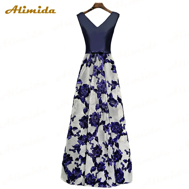 

ALIMIDA A-Line Evening Gowns Long 2018 V-Neck Wedding Party Dress Elegant Appliques Flower Prom Dresses robe de soiree
