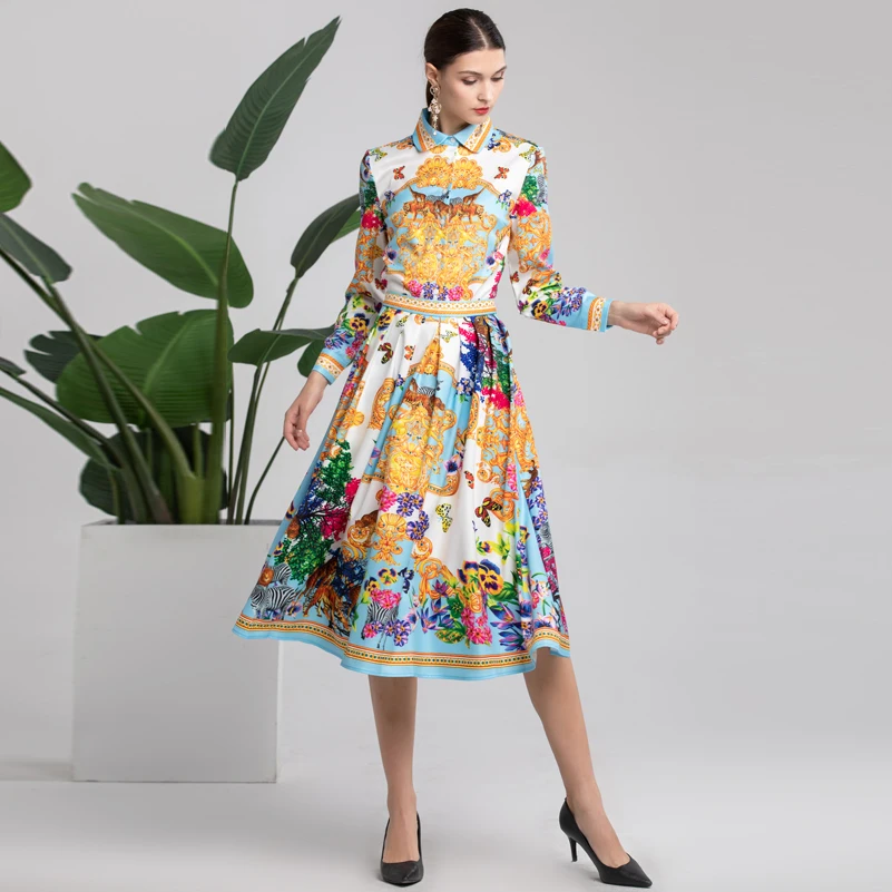 

High quality spring/summer fashion long-sleeved shirt Two Pieces Set Women's lapel beaded shirt+elegant print Mid-Calf Skirt Set